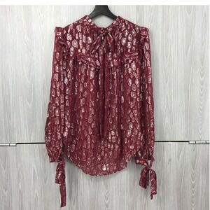 Veronica Beard Burgundy Silk Metallic Leopard Print Ruffle Tie Back Blouse 6